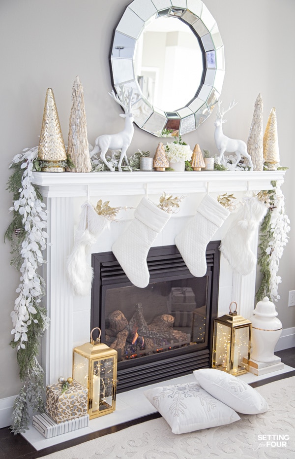 White and Gold Christmas Mantel Decor Ideas With Christmas Stockings and Cedar Garland. 