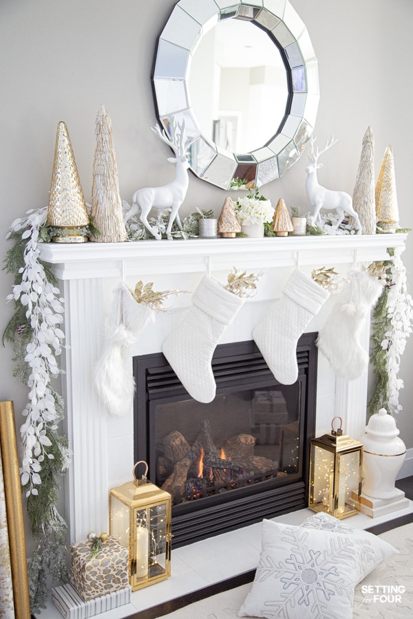 Gold And White Elegant Christmas Mantel Decor Ideas - Setting for Four