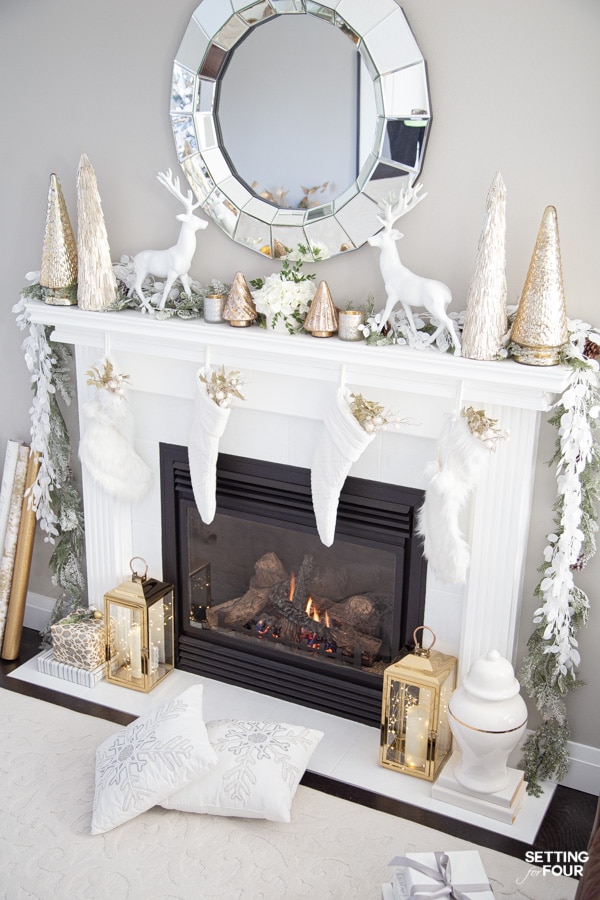 Designer Christmas Mantel Decor Ideas With Tabletop Trees, Reindeer and Garland