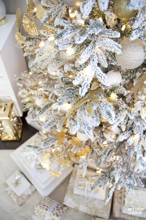 Beautiful Elegant Gold and White Flocked Christmas Tree Ornament and Decor Ideas!