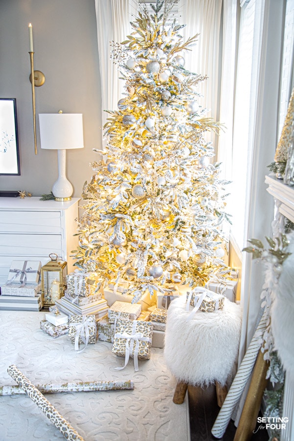 Modern Crystal, Gold and White Flocked Christmas Tree