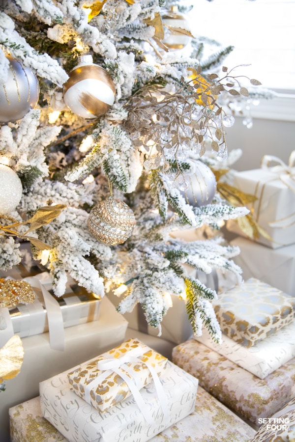 Elegant Crystal, Gold and White Flocked Christmas Tree Ornaments!