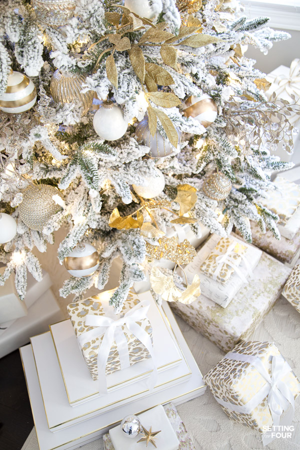 Elegant Gold and White Flocked Christmas Tree Decor and DIY wrapped presents!