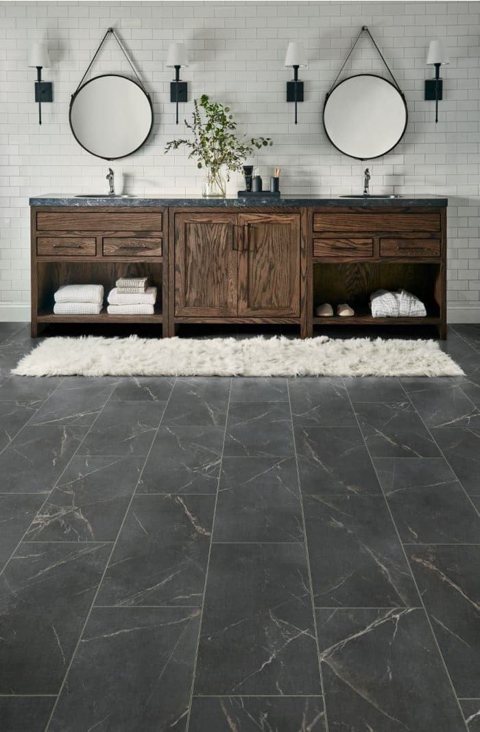 Bathroom vinyl tile flooring that's waterproof, stain resistant, dent proof.