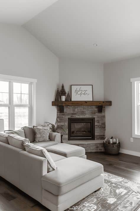 Corner Fireplace Furniture Arrangement Solutions!. Sectional sofa arrangement with a corner fireplace.