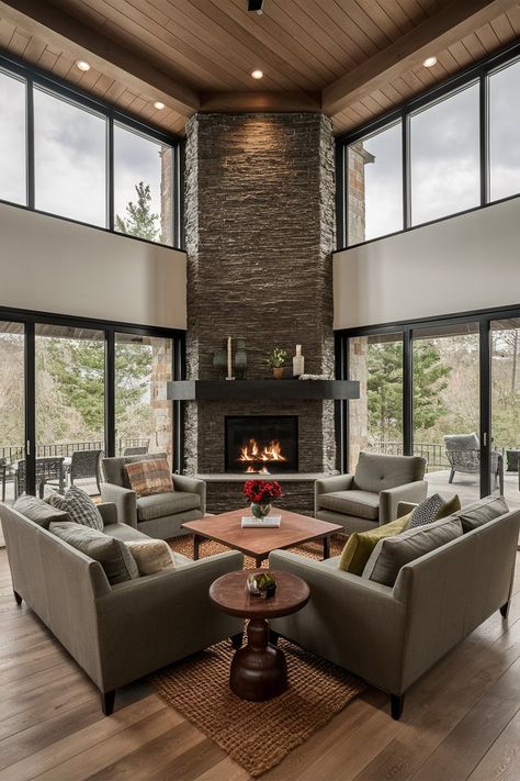 How to arrange living room furniture with corner fireplace. 2 sofas and 2 chairs with coffee table. Furniture arrangement ideas for an awkward living room. cozy living room. neutral decor ideas. elegant living room. stacked stone fireplace.