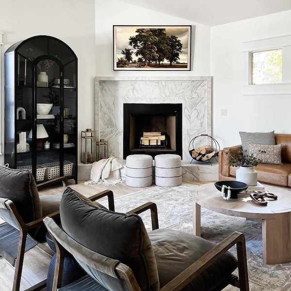 Poufs in front of fireplace sales