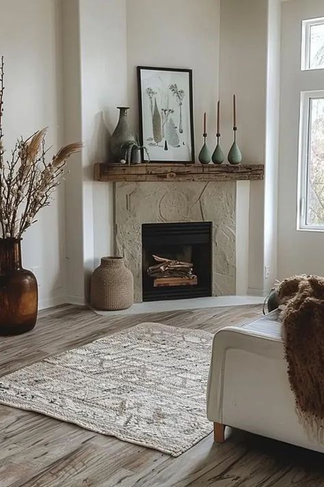 How to arrange living room furniture with a corner fireplace! Furniture arrangement ideas for an awkward living room. furniture placement. cozy living room. neutral decor ideas. elegant living room. corner fireplace with hearth.