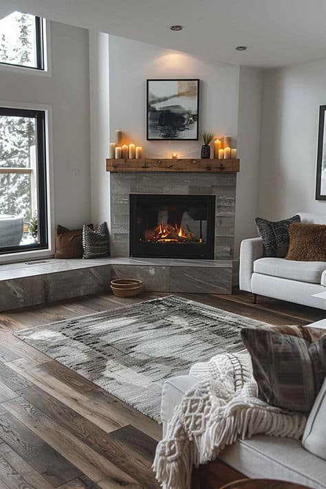 Living room corner fireplace furniture arrangement idea. Furniture arrangement ideas for an awkward living room. cozy living room. neutral decor ideas. elegant living room. corner fireplace with angled ceiling.