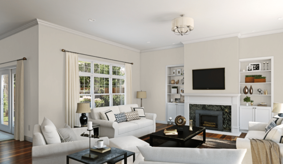 Sherwin Williams Agreeable Gray living room paint color.