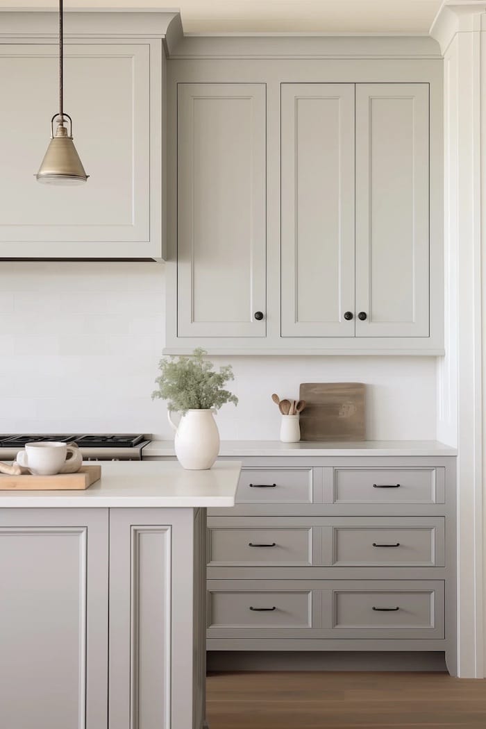 Sherwin Williams Agreeable Gray Kitchen Cabinet Paint Color. warm greige cabinet color, best cabinet color, cozy kitchen, neutral kitchen, color scheme, color palette, modern, transitional, minimalist, simple, painted cabinets, painting ideas