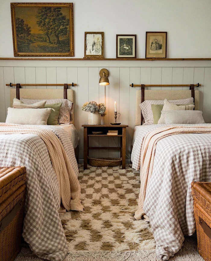 Sherwin Williams Agreeable Gray Bedroom Wall Color. cozy, neutral bedroom, kids room, guest bedroom, paint color, greige, warm, interiors, painting, board and batten walls with shelf, vintage, traditional, cottage, cottagecore, farmhouse, simple decor ideas