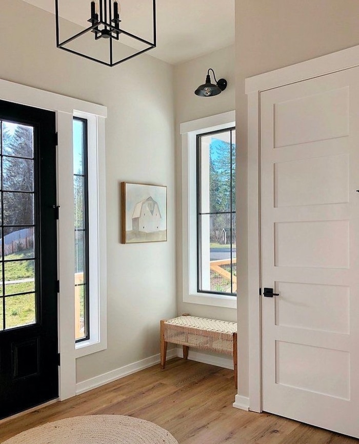 Sherwin Williams Agreeable Gray Entryway Wall Color. Wall color, paint color, painting, entry, foyer, minimal, modern, transtional, simple, wood floors, black accents, color palette idea, interior design