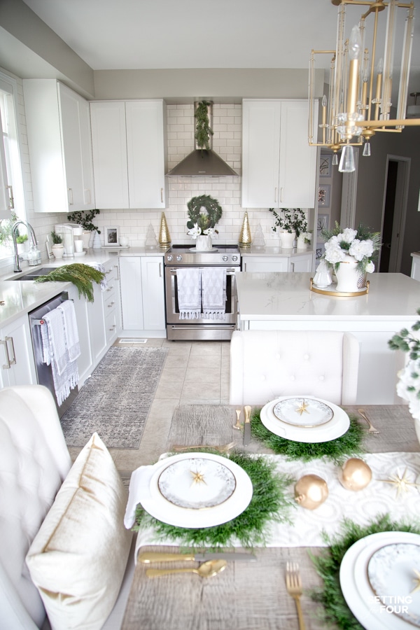 Gold and white Christmas kitchen accessories decor ideas.