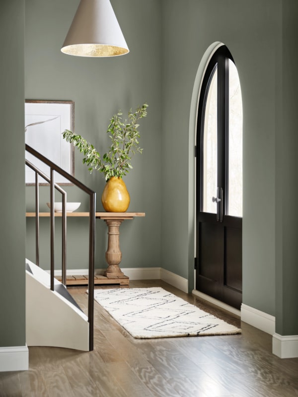 Sherwin Williams Evergreen Fog entryway paint idea. 