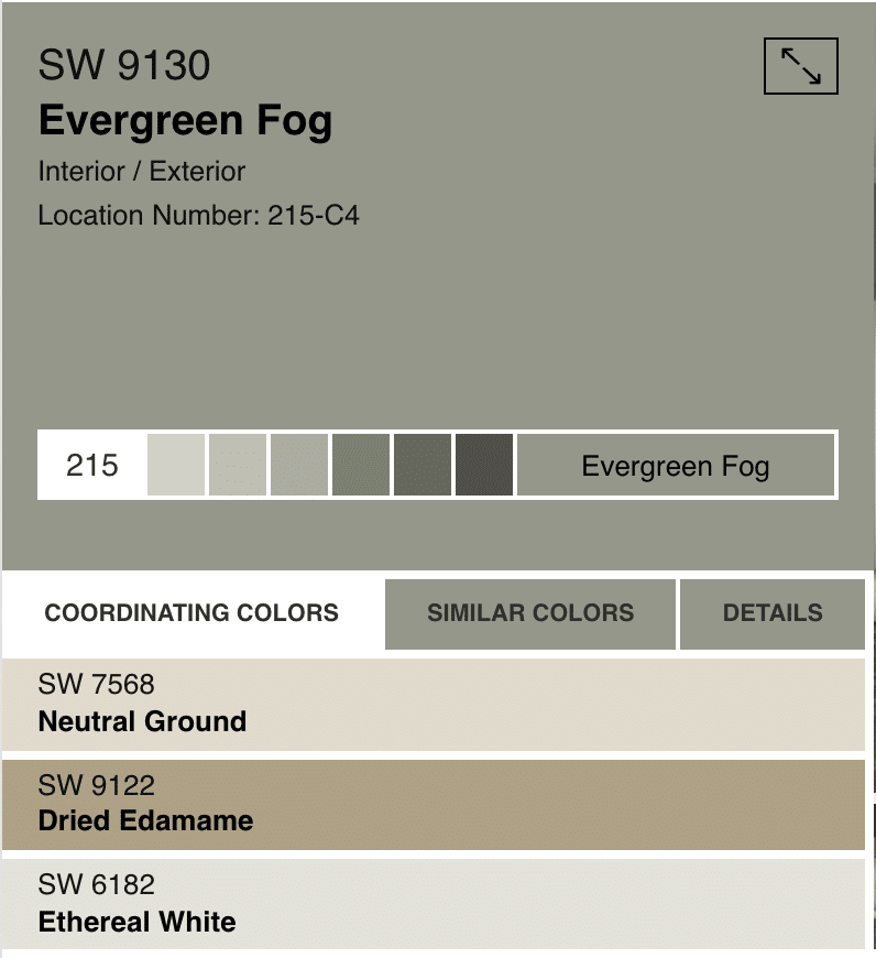 Paint Strip with Evergreen Fog SW 9130 with similar green colors and coordinating colors.