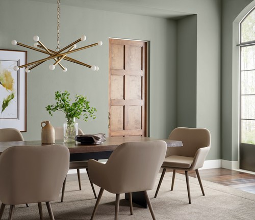 Sherwin Williams Evergreen Fog dining room paint color idea. 