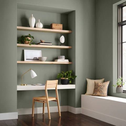 Sherwin Williams Evergreen Fog builtin paint idea. 