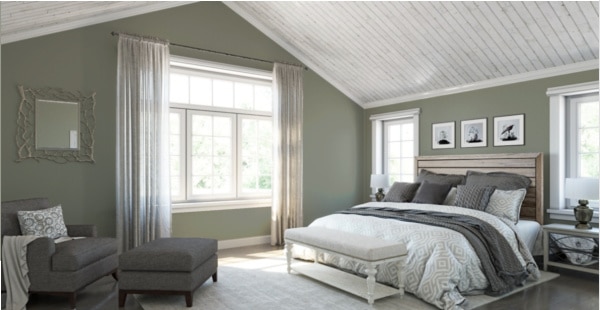 Sherwin Williams Evergreen Fog bedroom paint color idea.