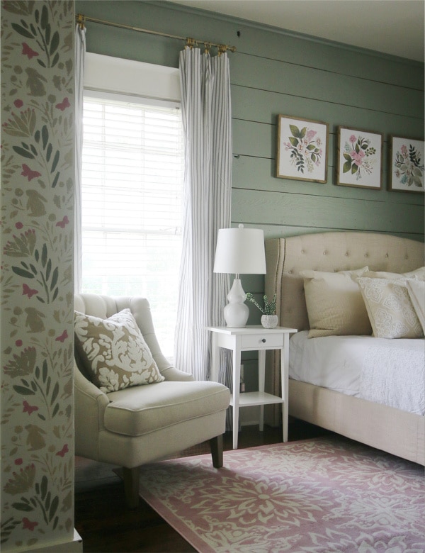 SW Evergreen Fog - green bedroom paint color idea. Interior design inspiration. Farmhouse bedroom