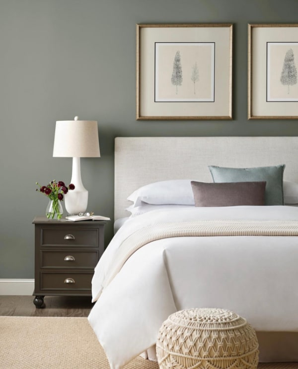 Sherwin Williams Evergreen Fog bedroom paint color idea. 