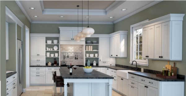 Sherwin Williams Evergreen Fog kitchen paint color idea.