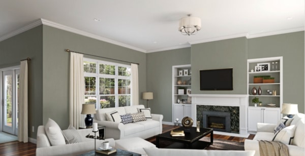 Sherwin Williams Evergreen Fog living room paint color idea.