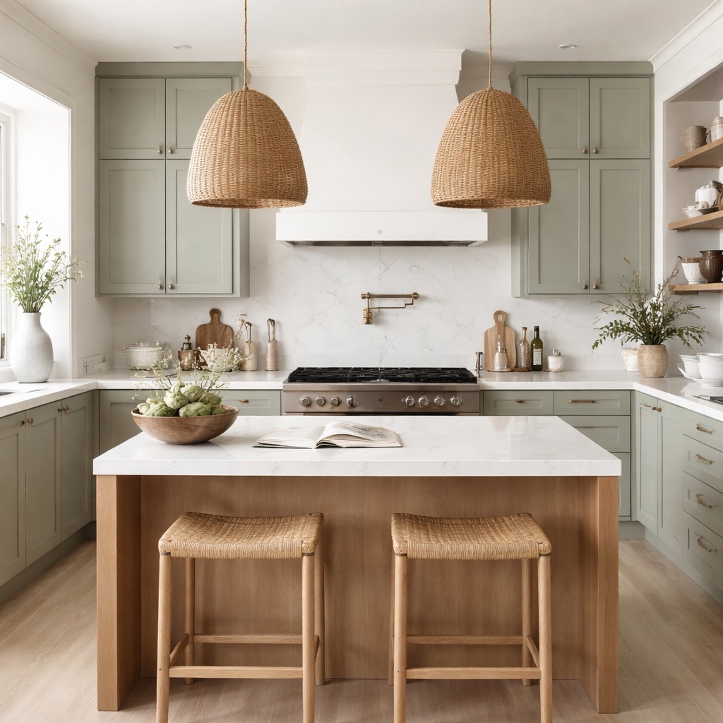 Sherwin Williams Evergreen Fog Kitchen Cabinets Paint Color Idea, green kitchen cabinets with quartz countertops, brushed brass hardware, brushed brass pot filler over range, floating wood shelves, woven pendant lights over the kitchen island, white oak island and light wood floors, and two kitchen island stools, cozy, calm, tranquil kitchen decor ideas, interior design ideas for the kitchen, painted cabinetry inspiration, earthy, moody, neutral aesthetic, modern, transitional, minimalist home ideas, new home inspo, kitchen layout ideas and island size for 2 counter stools, bright, elegant