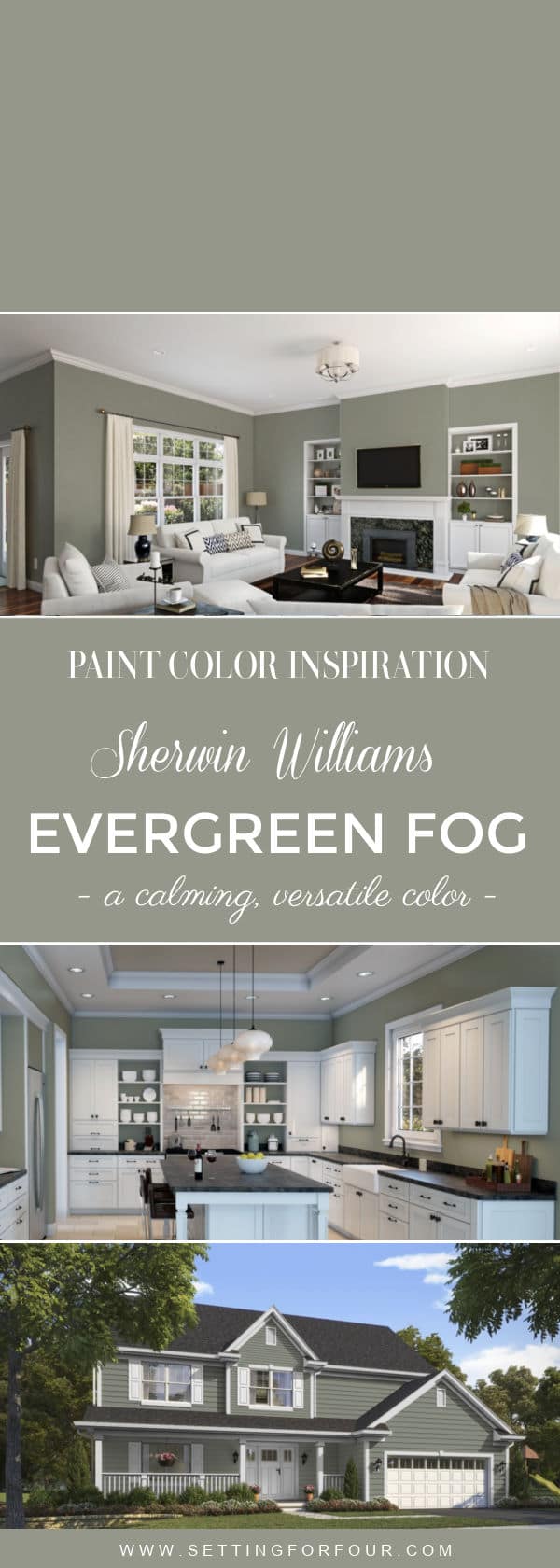 SW Evergreen Fog Color Of The Year 2022 - undertones, coordinating colors and photos in real rooms!