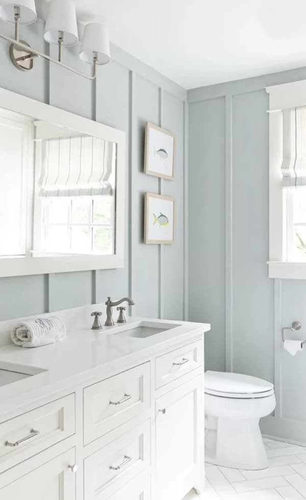Sherwin Williams Sea Salt Bathroom Color. color scheme, color palette, spa, relaxing, calm, blue and white bathroom, coastal, transitional, modern, minimalist, simple, beach house, lake house, farmhouse, board and batten walls, neutral, elegant, cozy, decor