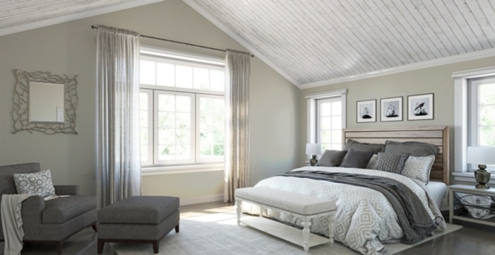 SW 7015 Repose Gray bedroom paint color.