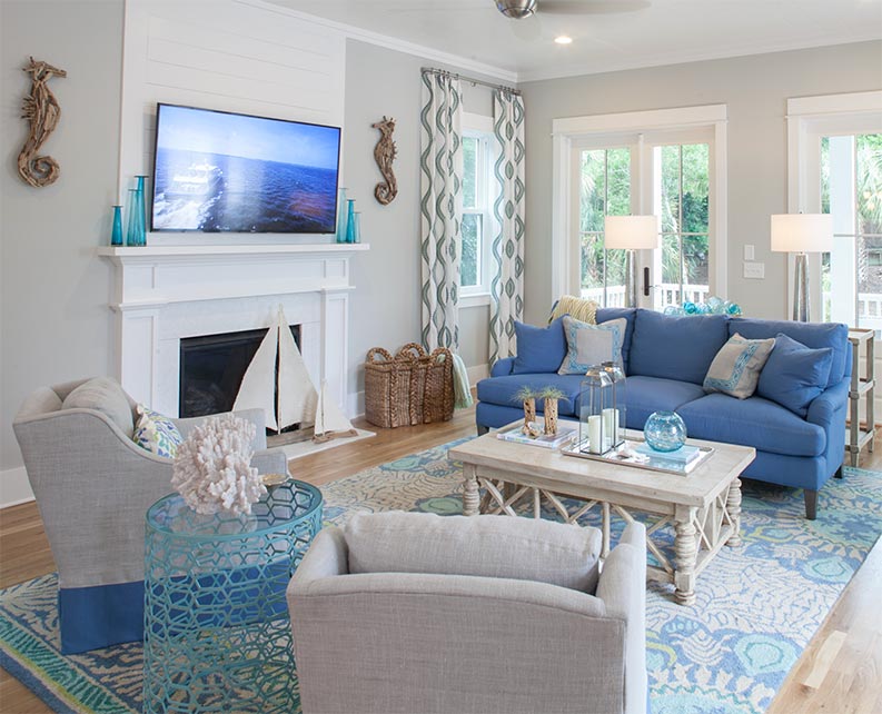 Repose Gray living room walls and blue accent color