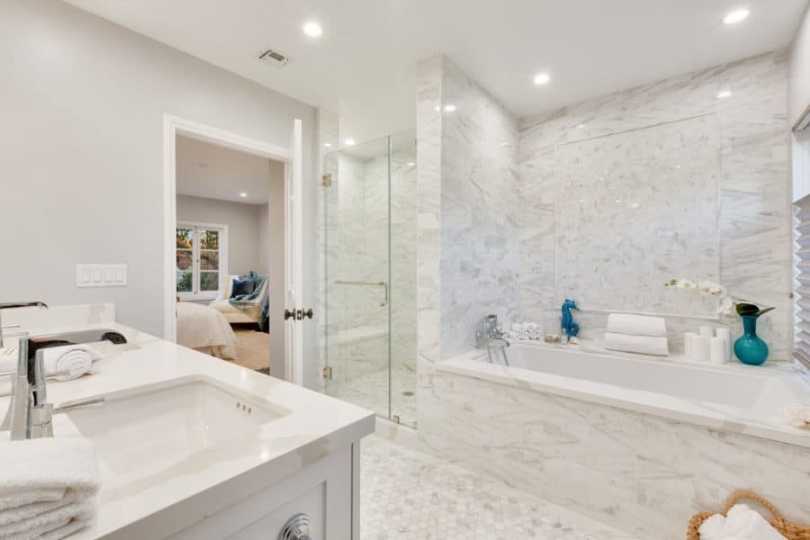 Repose Gray bathroom walls with marble tile