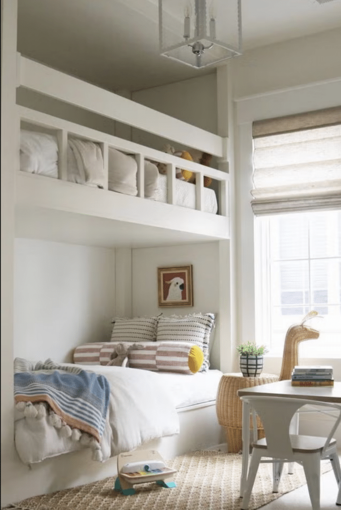 Small Kids Bedroom With Bunk Beds Idea, bunk beds are the perfect bed idea for small kids rooms! Paint the bunk bed a beautiful white to match the wall color. This will make the room look more expensive and polished, bigger and brighter! White color palette, neutral aesthetic