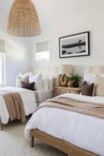 Simple summer bedroom decorating ideas. neutral colors, color scheme, rattan light, calm, relaxing
