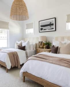 Simple summer bedroom decorating ideas. neutral colors, color scheme, rattan light, calm, relaxing