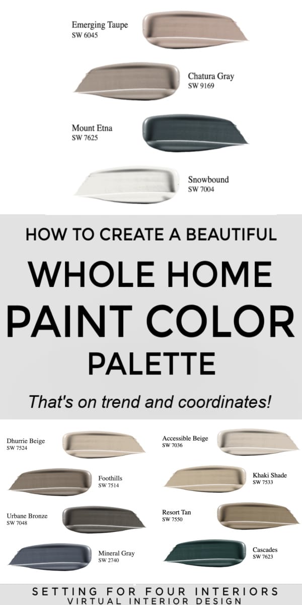 How To Create A Beautiful Whole Home Color Palette That's On Trend And Coordinates. whole house color scheme. Designer and True Color Expert tips. Setting For Four Interiors. Virtual Interior Design Services.