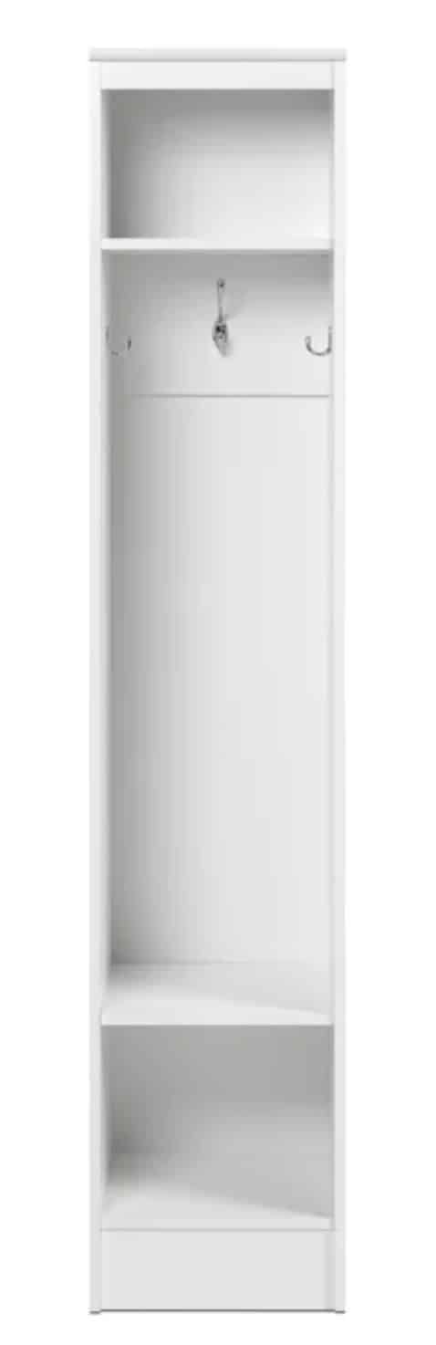 White Hall Tree Cabinet For Backpack and Coat Storage. Storage idea for small entryway.