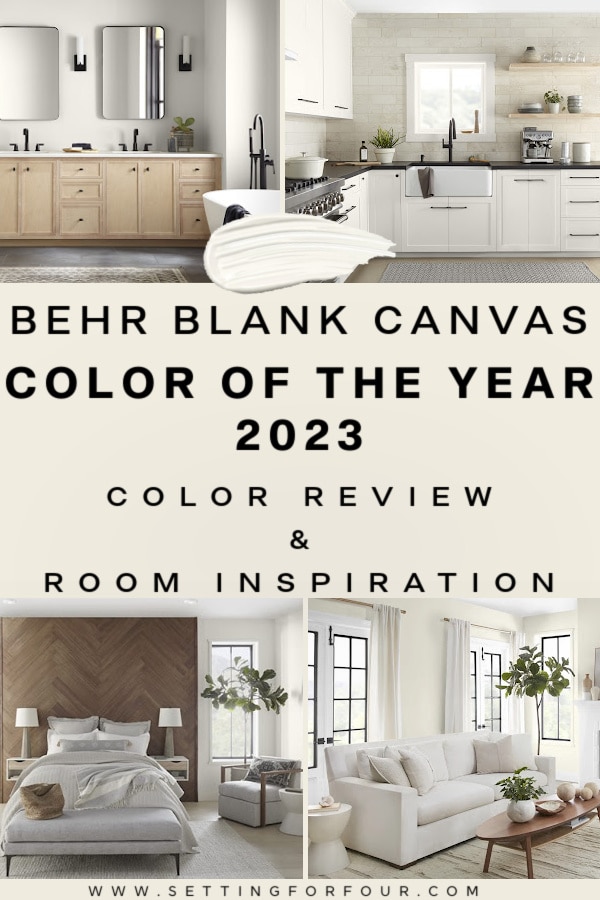 Behr Blank Canvas Color of the Year 2023 - shown on kitchen cabinets, and as a wall color in a bathroom, bedroom and living room.