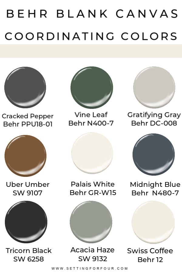 Behr Blank Canvas Coordinating Colors. Colors that go with Behr Blank canvas - neutrals, whites, blue, black, gray