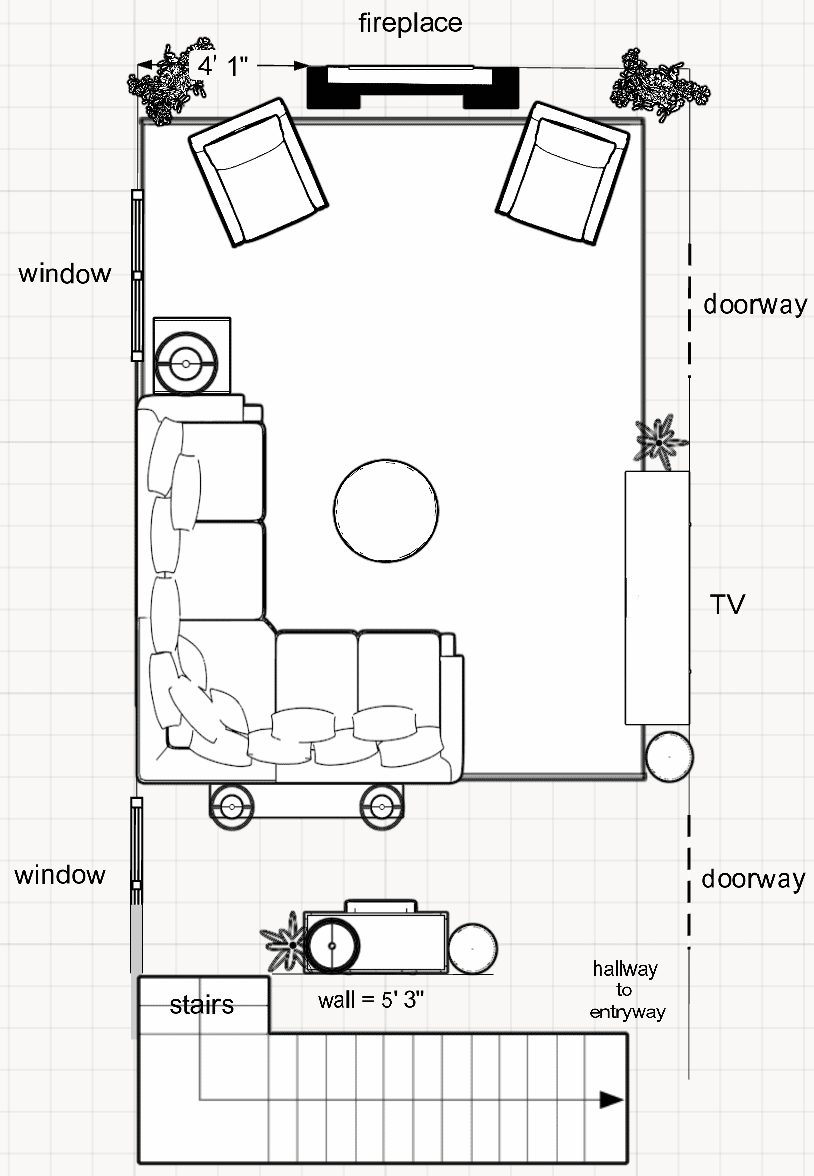 2D Furniture Arrangement Plan For Living Room With Staircase, Hallway, 2 Doorways, Fireplace and Windows - Setting For Four Interiors Online Interior Design and Paint Color Consult Services