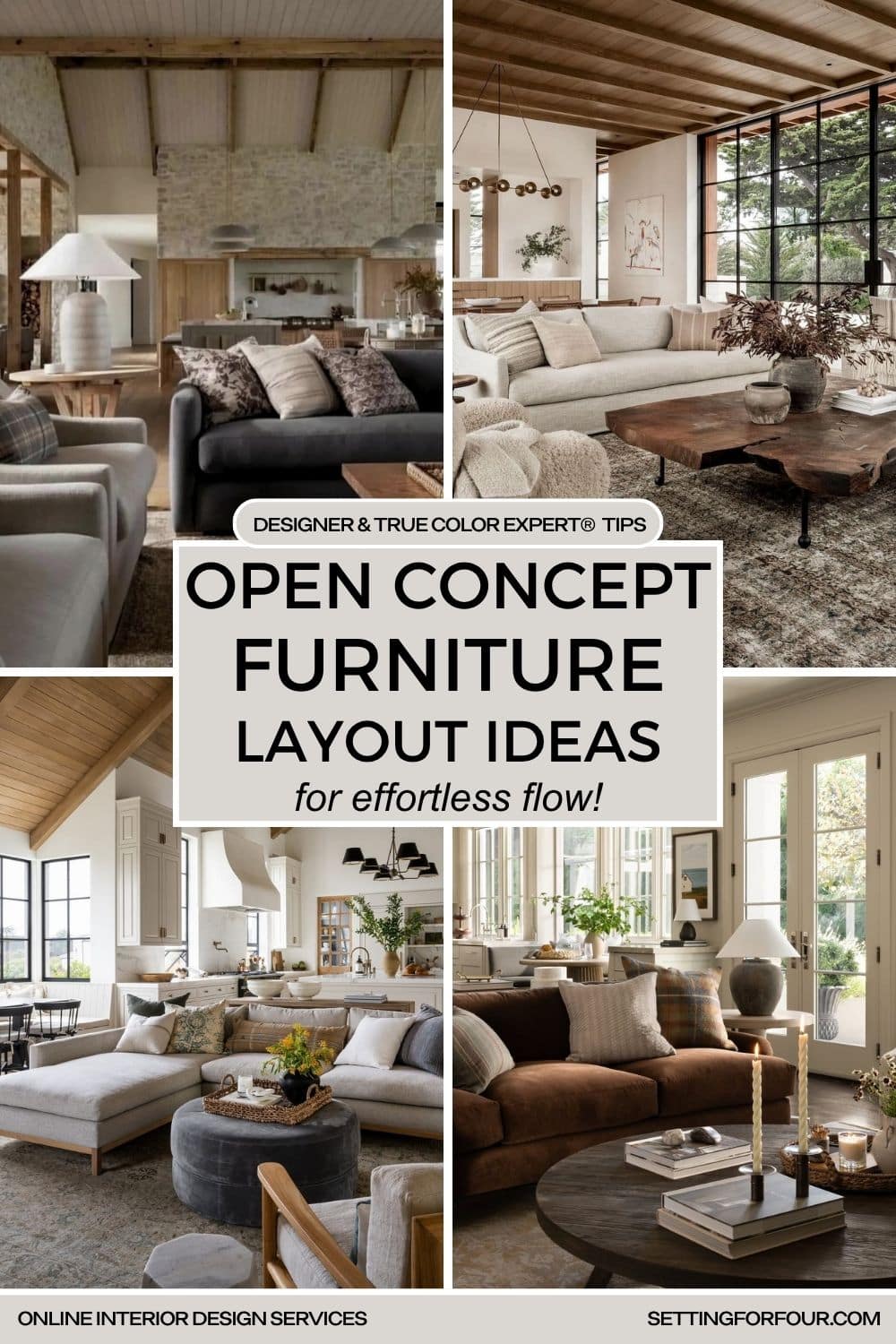 Open Concept Furniture Layout Ideas For Effortless Flow - Living Room, Kitchen, Dining Room - Designer and True Color Expert Tips, organic modern, transitional, minimalist, farmhouse, transitional, amber interiors style, pottery barn style, black, white, brown, gray, cozy, cohesive, elegant, earthy, moody, earth tones color scheme, neutral color palette, 2025 trends, wood ceiling with wood beams, vaulted ceiling, new build home construction ideas, living room renovation, online interior design consult, virtual interior design Setting For Four Interiors
