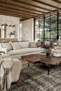 How To Arrange Furniture In An Open Concept Home, rustic, modern, transitional, luxury, earthy, moody living room, neutral color palette, wood beams, amber interiors style, pottery barn, brown, black, white