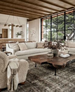 How To Arrange Furniture In An Open Concept Home, rustic, modern, transitional, luxury, earthy, moody living room, neutral color palette, wood beams, amber interiors style, pottery barn, brown, black, white