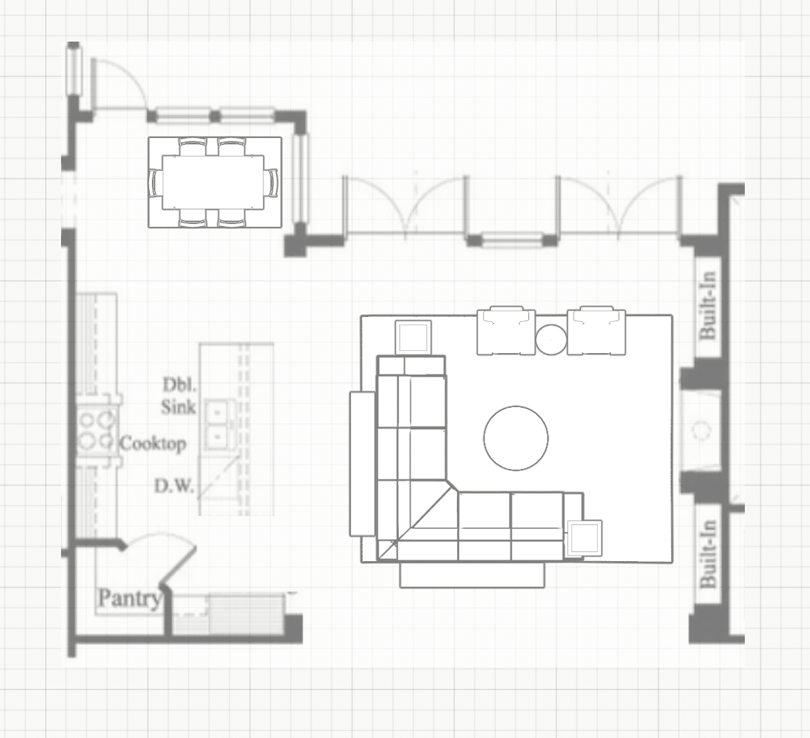 2D Furniture Arrangement Plan for Open Concept Great Room, Kitchen and Dining Nook - Setting For Four Interiors Online Interior Design and Paint Color Consult Services