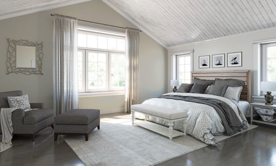 Neutral Greige and White Bedroom Color Palette, repose gray paint color on walls, transitional, traditional, white beadboard ceiling, cozy