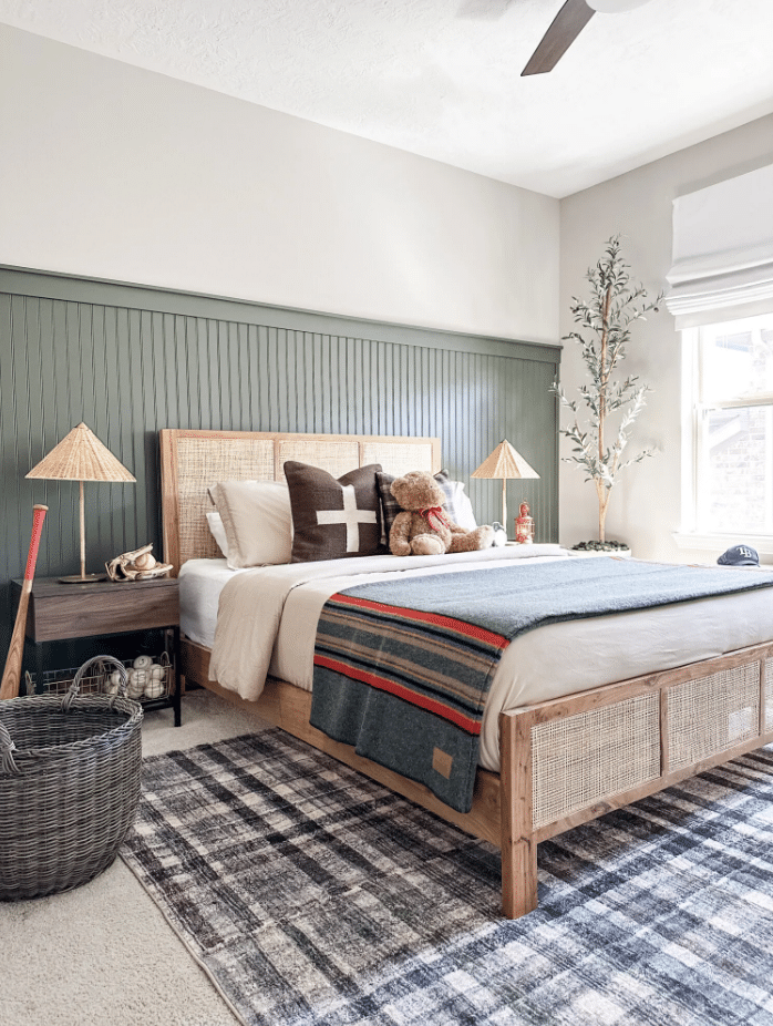 Boys Bedroom Color Palette and Decor Ideas, green and greige, repose gray wall color, wainscot trim, cozy, simple, tween, teen, layered rug on top of carpeting
