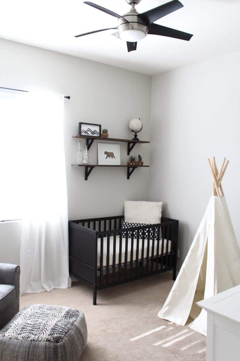Black, Greige and White Nursery Decorating Ideas, sherwin williams repose gray paint color, black crib, floating shelves bedroom wall decor idea, teepee tent playhouse, glider chair, cozy, bright, inteiror design