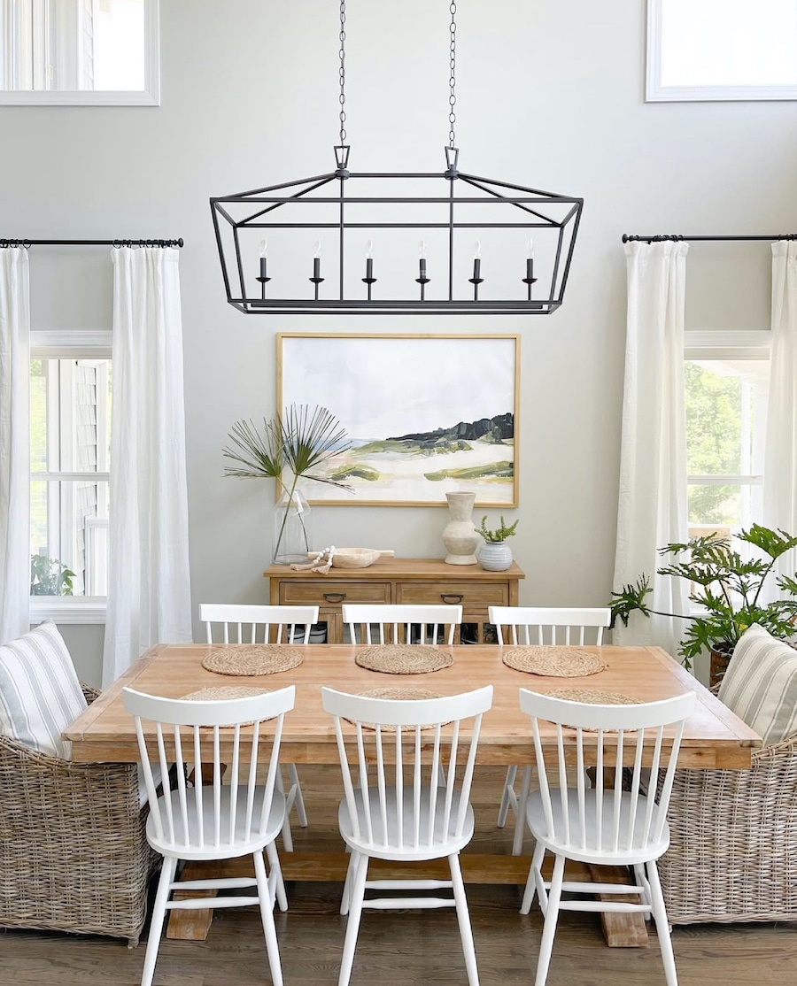 Sherwin Williams Repose Gray Dining Room Paint Color Idea, warm, neutral color palette, griege, cozy, wood dining table with white wood chairs, rattan chairs, coastal art, coastal, beach house, airbnb, modern farmhouse, transitional interior home ideas