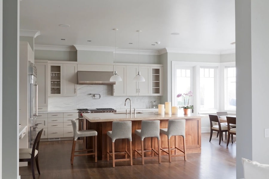 Sherwin Williams Repose Gray kitchen walls with SW Eider White Cabinets, neutral color palette, greige, warm, transitional